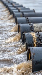 Concrete Drainage Pipes Discharging Wastewater into the Ocean Environmental Pollution Concept
