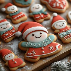 Obraz premium Festive snowman-shaped Christmas cookies on wooden board.