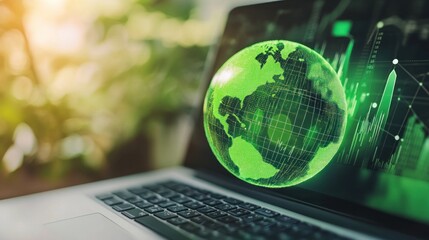 Digital globe and market charts on modern laptop
