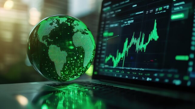 Digital world visual on laptop with financial graphs