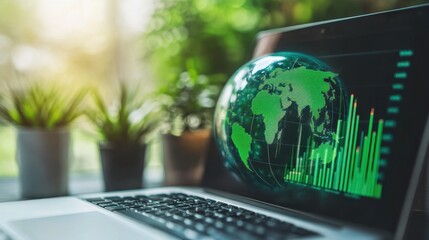 Green digital world globe amid financial market charts