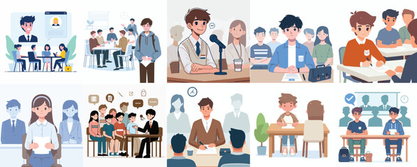 vector, a teenager, is in a meeting with a simple and minimalist flat design style. plain white background