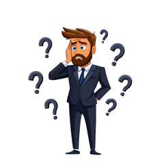 cartoon man in suit looks confused, surrounded by question marks, expressing uncertainty. His puzzled expression adds humorous touch to image