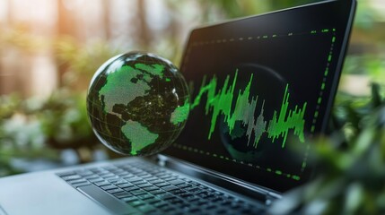 Computer with digital globe and fluctuating graph