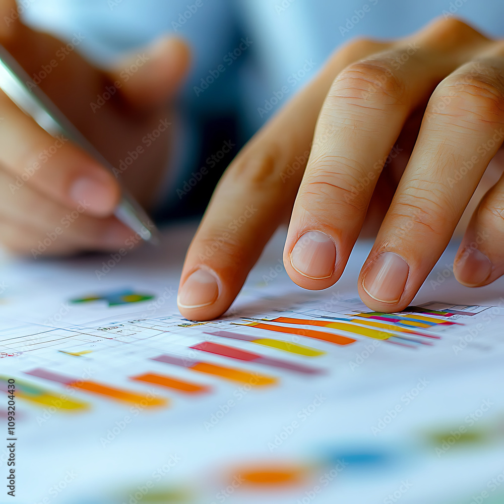 Poster analyzing data with pen, consultant focuses on colorful charts and graphs. hands demonstrate precisi
