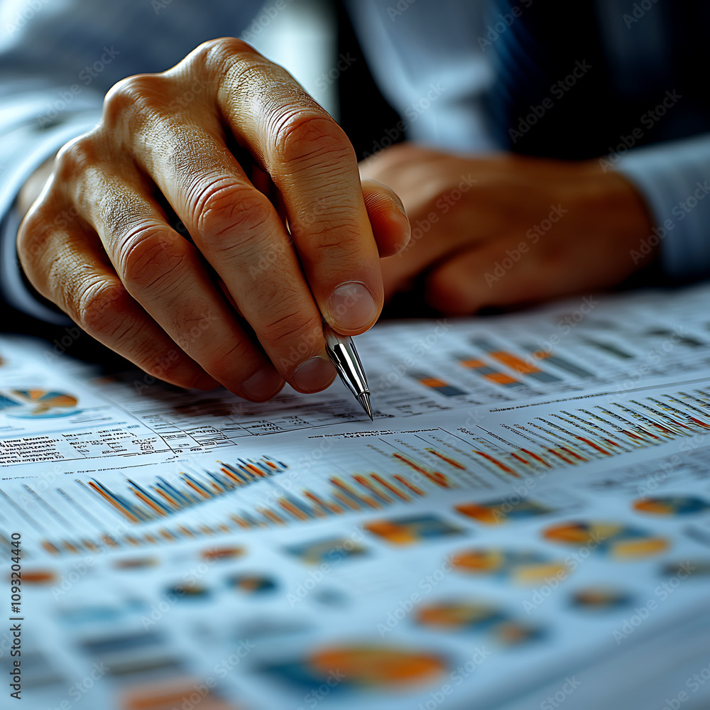Poster analyzing financial data with pen in hand, showcasing charts and graphs. this captures essence of bu