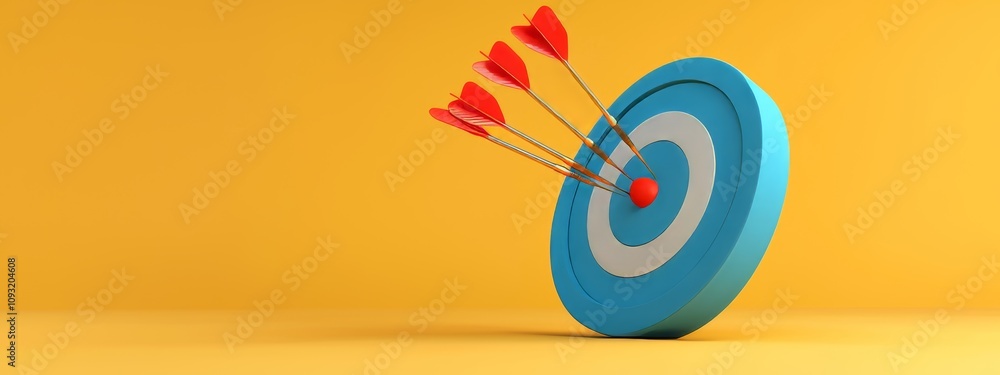 Poster three-dimensional rendering of a red dart finding the target on a yellow background. concept of a bu