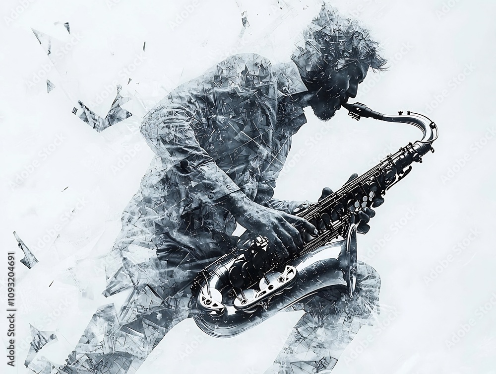 Poster saxophonist in the spotlight with abstract art forming from each note on minimalist background