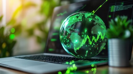 Financial analytics with green globe on a laptop.