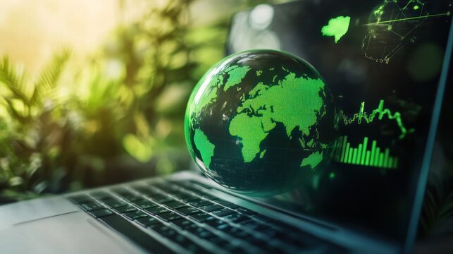 Green digital globe on a laptop in natural setting.