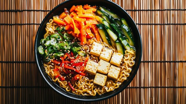 Delicious ramen bowl with fresh vegetables and tofu asian cuisine culinary art cozy kitchen top-down view healthy eating