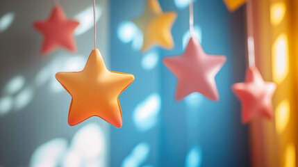 Obraz premium In a light blue room, illuminated by the light from the window, decorative toy soft stars are hanging on ropes