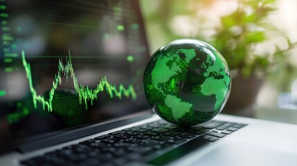 Green digital globe emitting stock trends on laptop