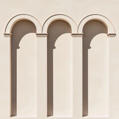 Row of minimalist arches casting long shadows on a beige surface modern interpretation of classical architecture with neutral tones