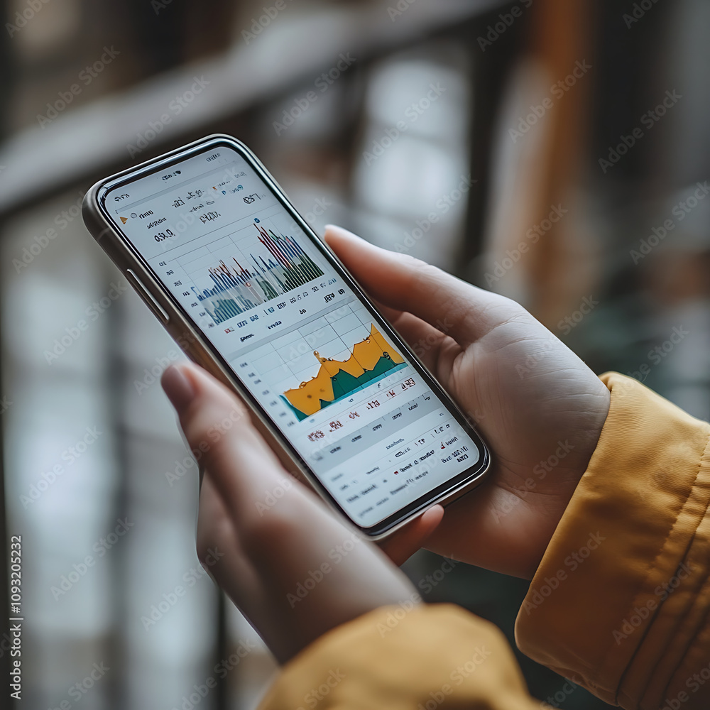 Poster person holding smartphone displaying data graphs and charts, showcasing financial information and an