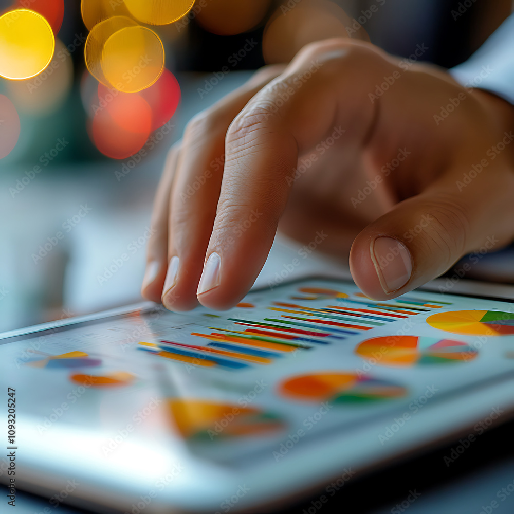 Poster consultant hand scrolling through colorful financial graphs on tablet, showcasing data analysis and 