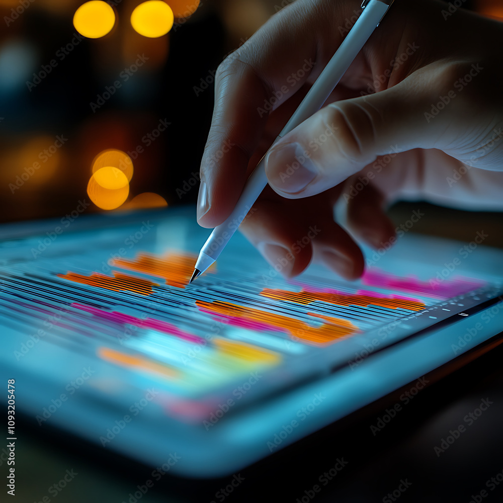 Poster consultant hand using stylus on tablet to analyze data trends, showcasing vibrant colors and intrica