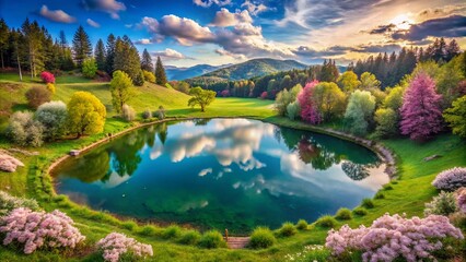 Naklejka premium Panoramic View of a Heart-Shaped Lake Surrounded by Lush Green Nature, Perfect for Illustrating Love, Romance, and Connection in a Serene Landscape Setting