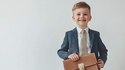 Young Boy Dressed as Lawyer Holding Briefcase Against Minimalist White Background