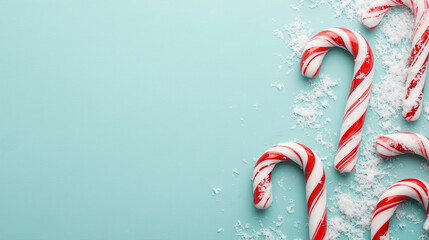 Candy cane border with a snowy background, large clean space in the middle for text, Whimsical, Cartoon stylecloses up