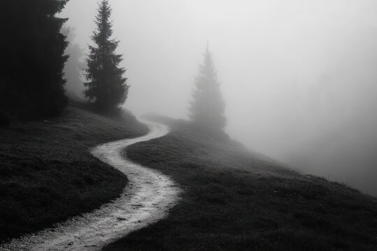 Winding Path Through Foggy Mountain Landscape With Trees