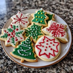 Assorted Christmas sugar cookies decorated with icing.