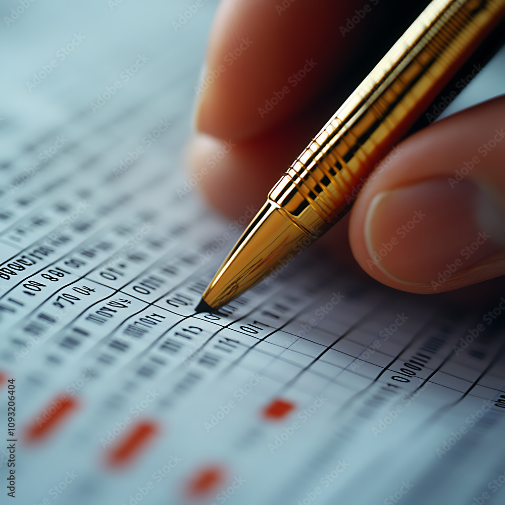 Poster close up of consultant hand holding gold pen, circling numbers on document filled with data. focus i