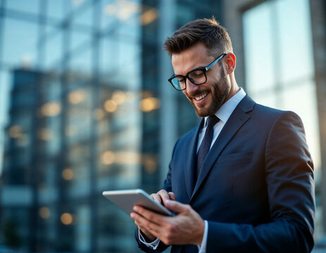 Confident business professional using tablet outdoors with office building in background