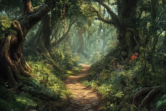 Lush Jungle Path Winding Through Ancient Trees