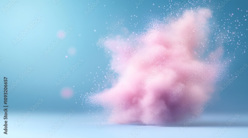 Poster soft pink cloud of colorful dust floating in a serene blue background with sparkling glitter particl