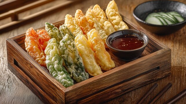 Crispy tempura dish traditional japanese cuisine food photography rustic setting close-up culinary art
