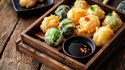 Delicious vegetable tempura japanese cuisine food photography rustic table setting close-up...