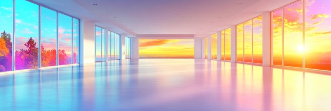Serene sunset view from a minimalist, bright office space. Large windows offer panoramic views, creating a tranquil and inspiring atmosphere.