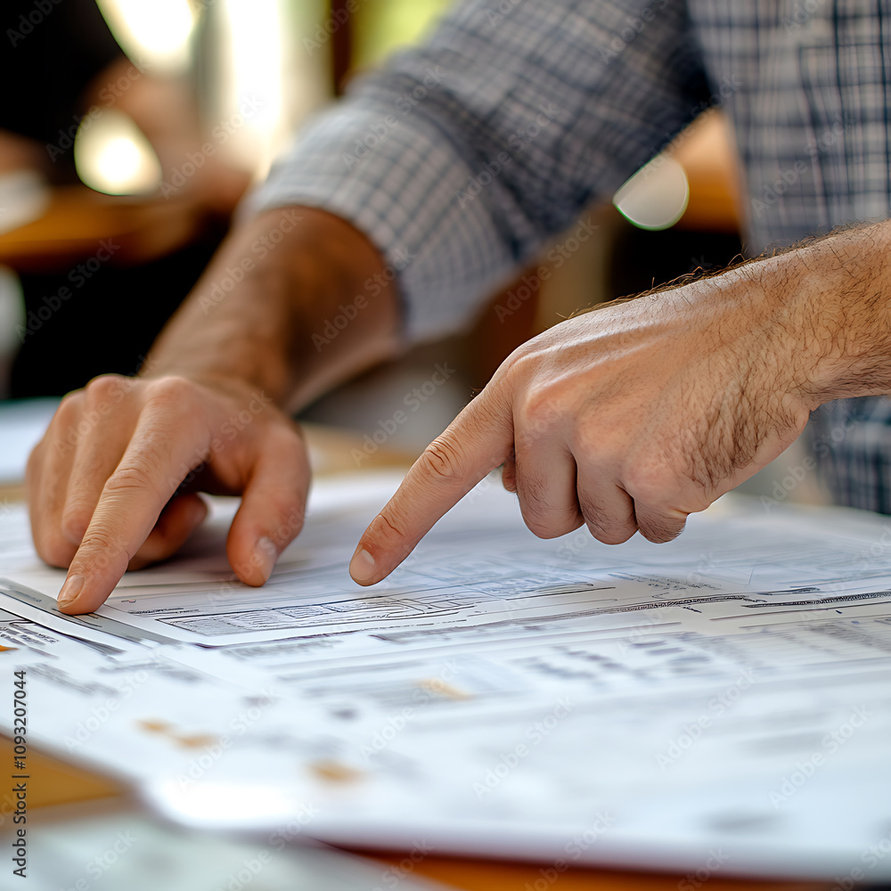 Poster close up of two hands pointing at printed business documents, showcasing collaboration and analysis 