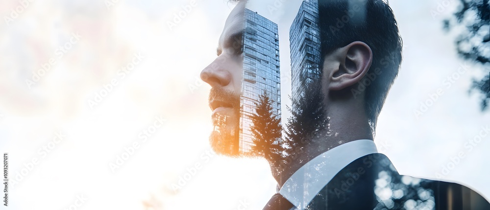Poster double exposure portrait of businessman with cityscape and nature reflection in professional setting
