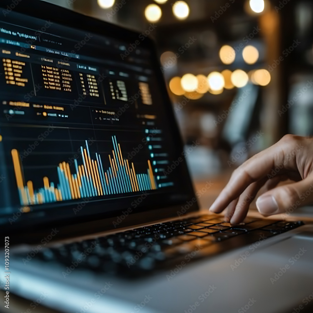 Aufkleber data analysis on laptop screen with graphs and charts, showcasing business performance metrics. envi
