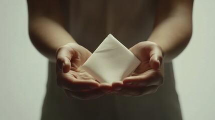 Hands Holding Square Cloth on White Background