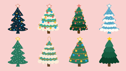 Cute cartoon Christmas tree with decorations set.