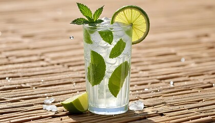 Ice-Cooled Mojito with Fresh Mint and Lime on a Beachside Setting