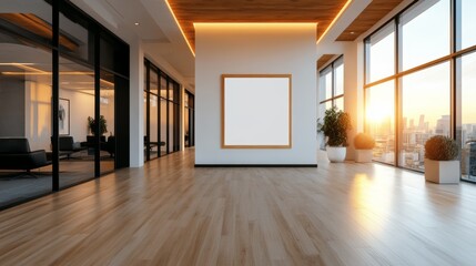 Sunlit modern office hallway with large windows offering a city view at sunset.  A blank frame hangs on the wall, perfect for your design.