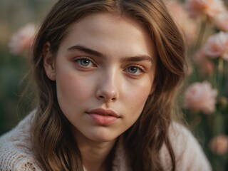 A close-up portrait of a sensitive and charming young woman with soft features, radiating warmth and grace