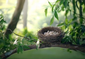 Fototapeta premium Nest nestled in nature, peaceful background scene