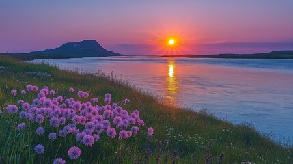 A serene landscape at sunset, featuring a river, mountain, and blooming flowers.