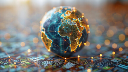 A captivating globe with bright connections against a detailed map background, symbolizing the digital world and global connectivity ideal for technology and communication themes