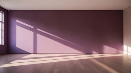 Purple empty wall, studio room with sunlight and shadows
