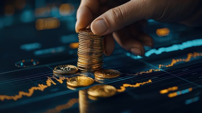 Macro shot of a person s hand stacking gold coins on top of a financial chart, Wealth Stacking, Strategic Planning
