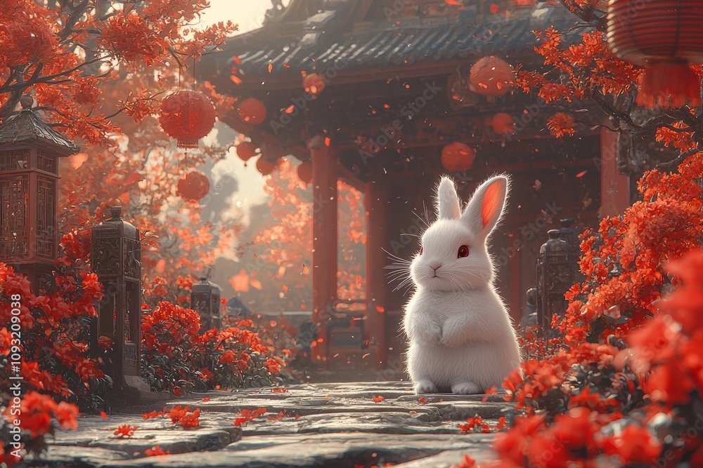 Poster the red eye of a fat rabbit with flowers and a temple gate is symbolic of chinese new year 2023