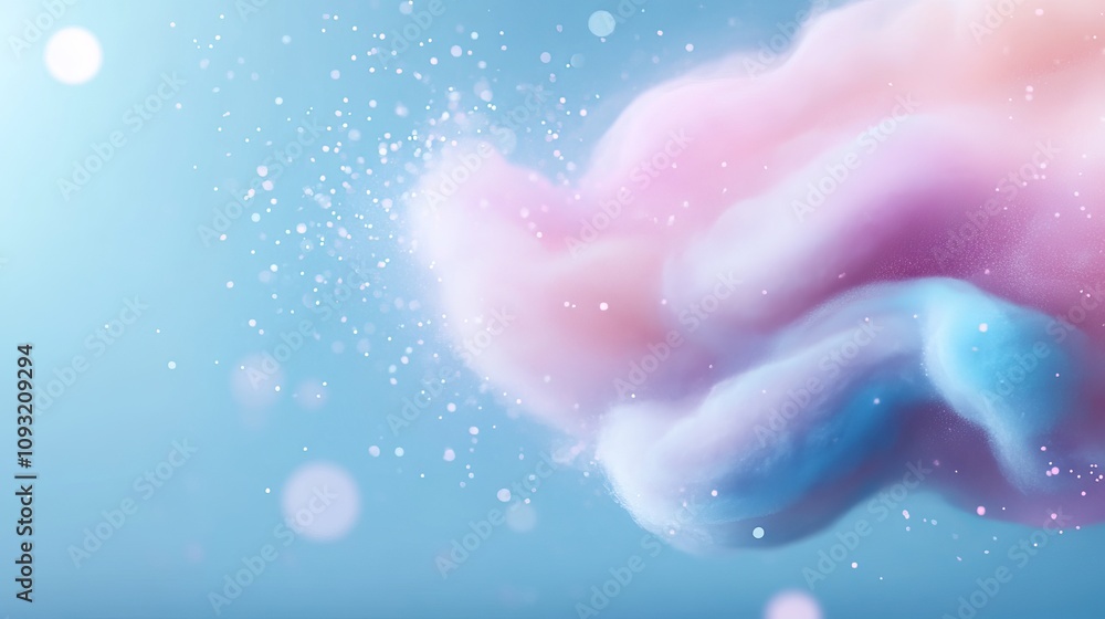 Poster ethereal abstract swirls of soft colorful clouds with glowing dots against a calm blue background fo