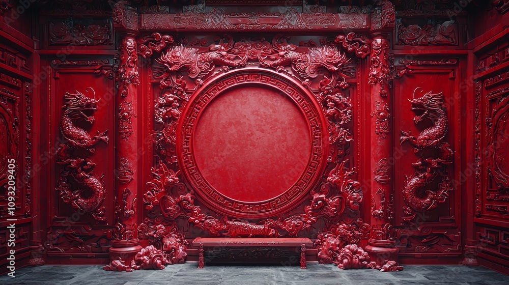 Aufkleber The Chinese New Year design is a combination of a circle frame and a 3D pattern on a red background with a copy space.