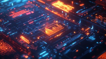 A digital interface featuring vibrant blue and orange data visualizations and circuitry.